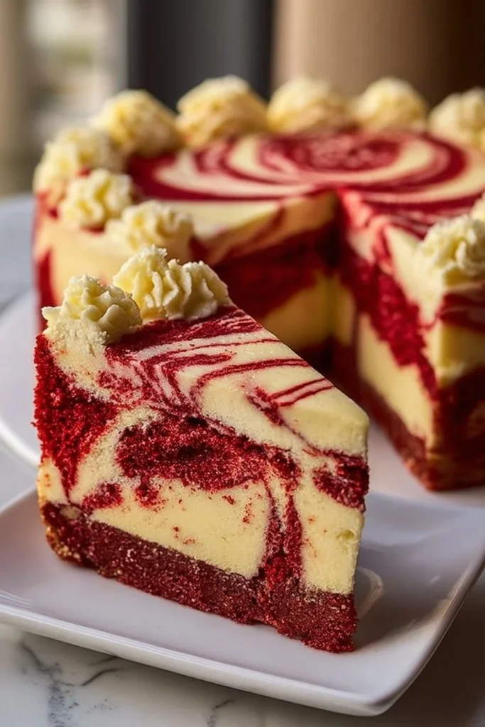 Decadent Red Velvet Cheesecake Swirl Cake with cream cheese frosting