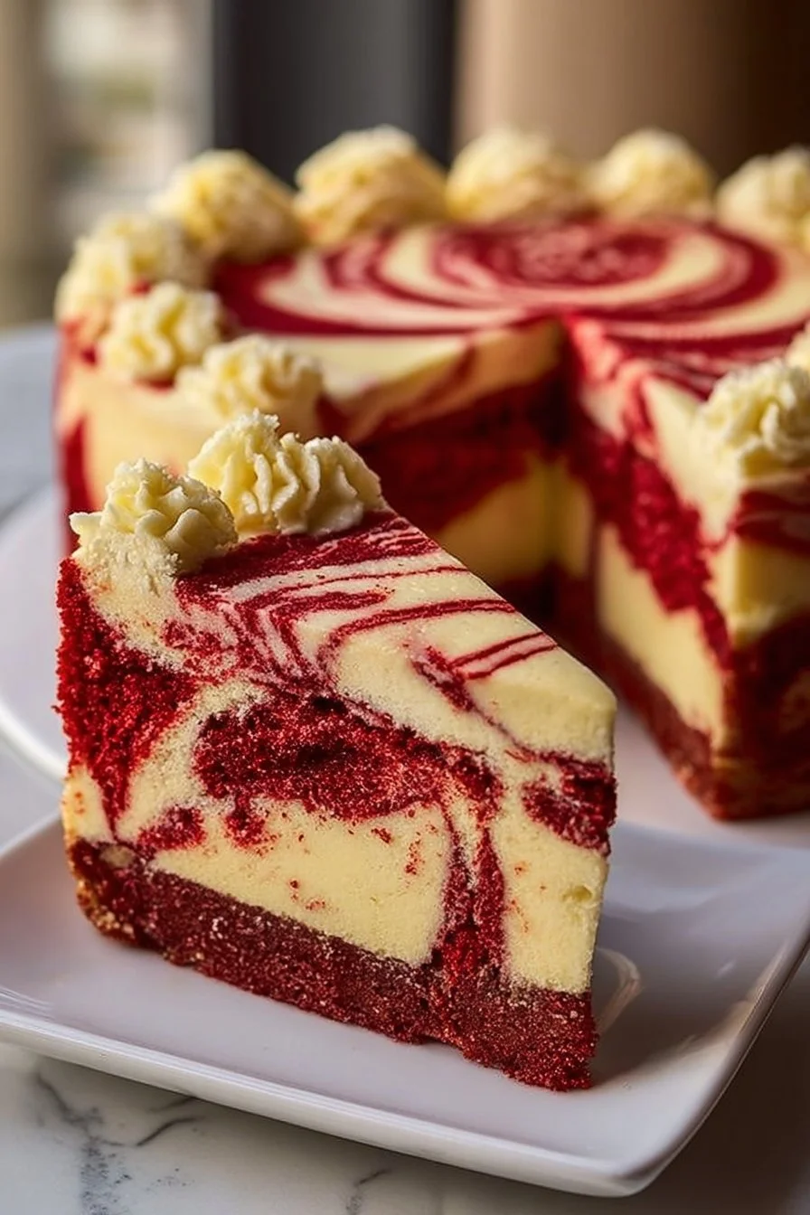 Decadent Red Velvet Cheesecake Swirl Cake with cream cheese frosting