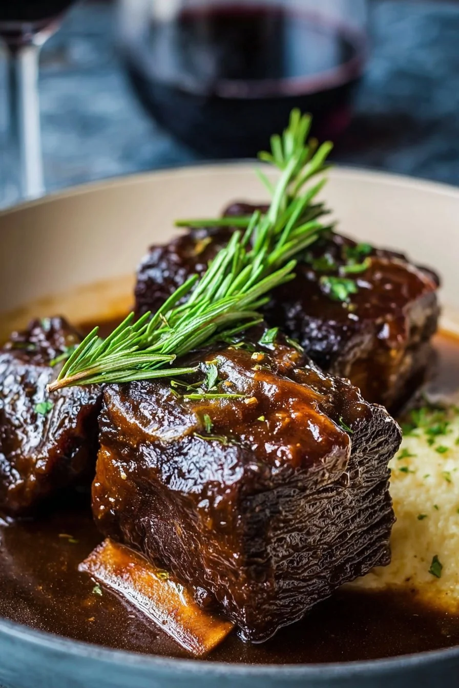 Delicious red wine-braised short ribs served with garnishes