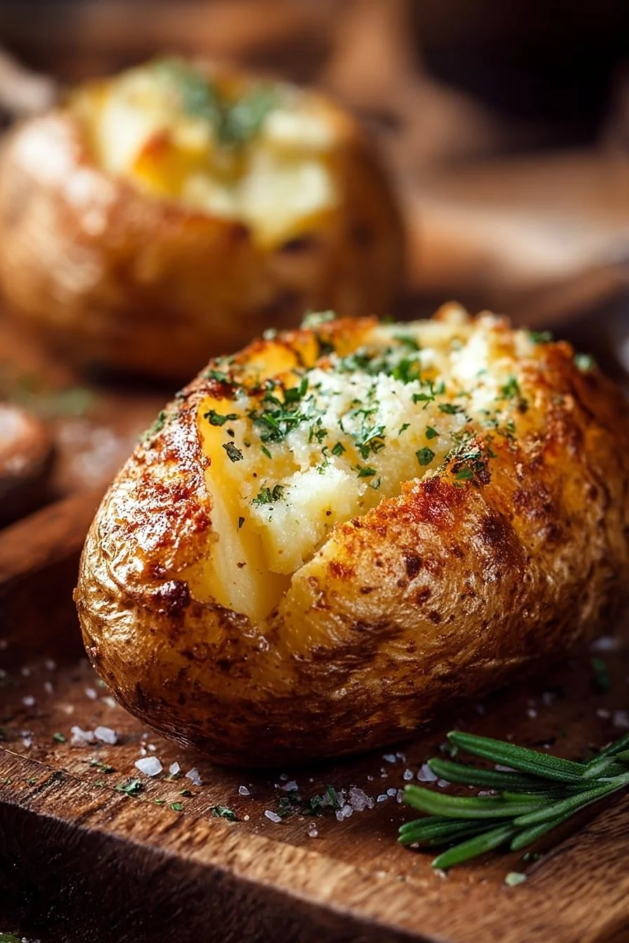 Deliciously golden restaurant-style baked potatoes served with toppings