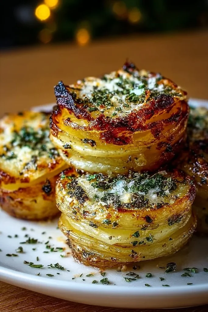 Delicious roasted garlic parmesan potato stacks arranged on a plate.