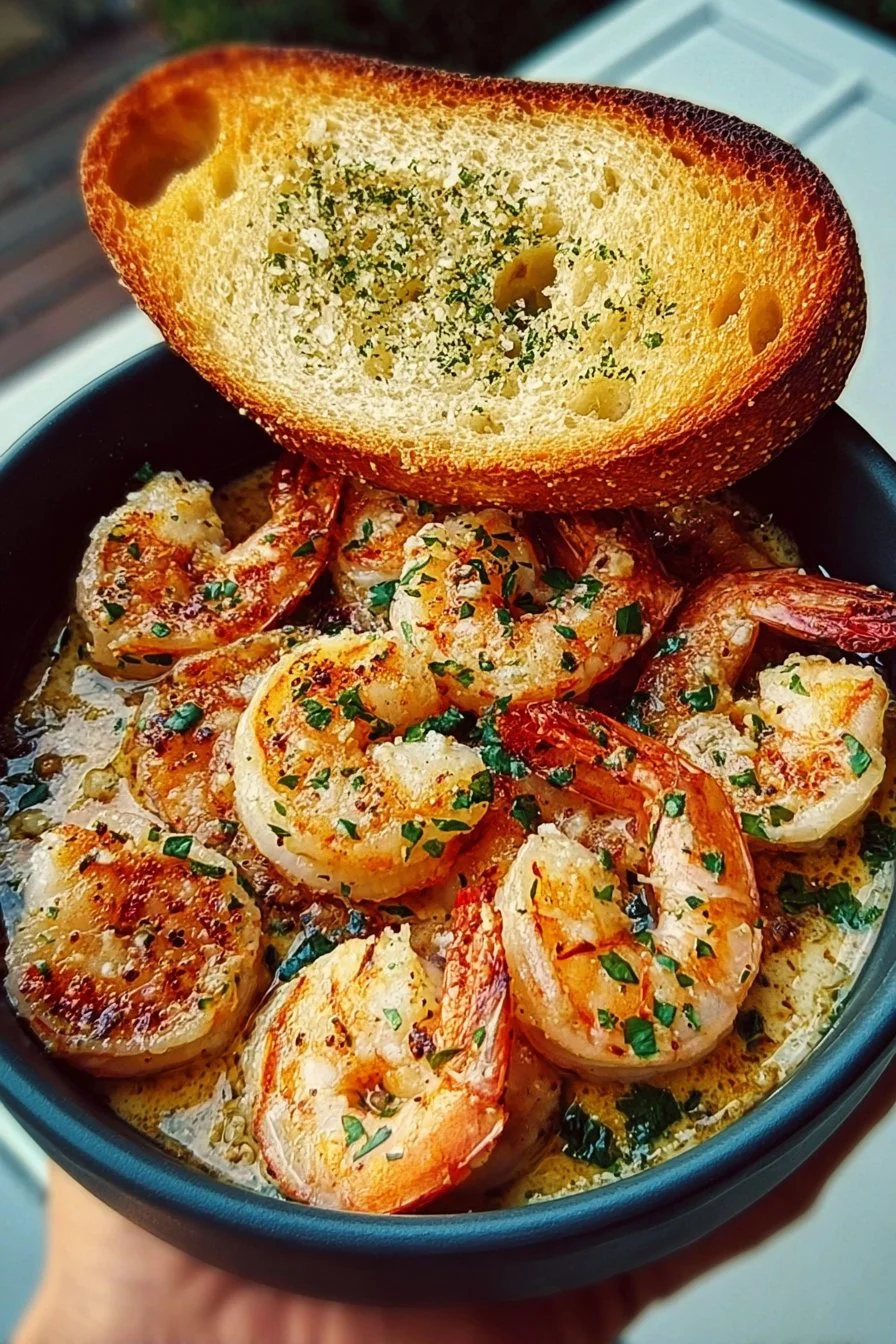 Delicious shrimp scampi bowls topped with garlic bread, ready to savor