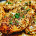 Skillet Garlic Butter Chicken dish served with herbs and a buttery sauce