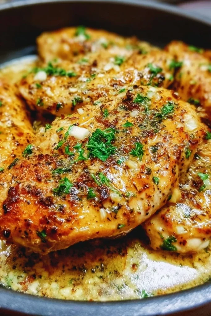 Skillet Garlic Butter Chicken dish served with herbs and a buttery sauce