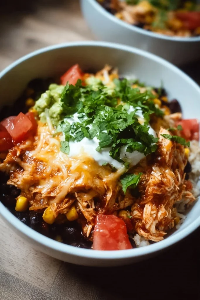 Slow cooker chicken burrito bowl with chicken, rice, beans, and toppings