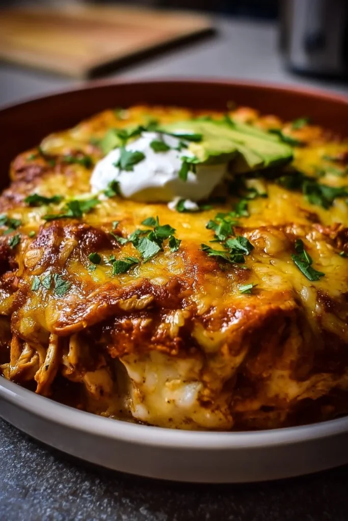 Slow Cooker Chicken Enchilada Casserole topped with cheese and cilantro