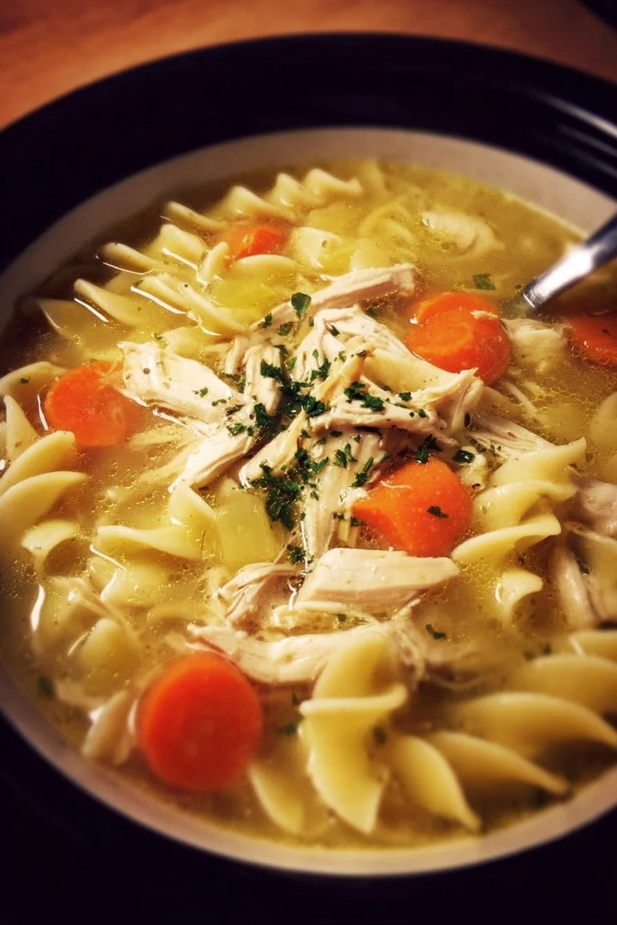 Bowl of slow cooker chicken noodle soup with vegetables and herbs
