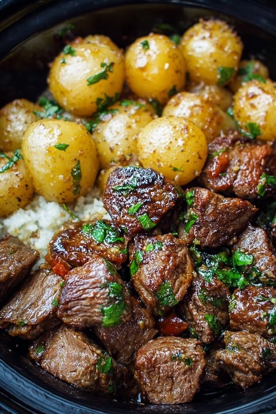 Slow cooker garlic butter steak bites with potatoes on a plate.