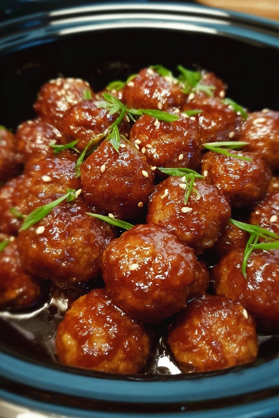 Slow Cooker Honey Garlic Meatballs served on a platter with glaze