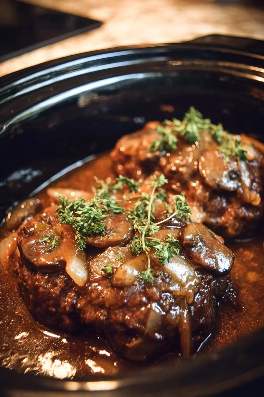 Delicious Slow Cooker Salisbury Steak served with gravy and vegetables