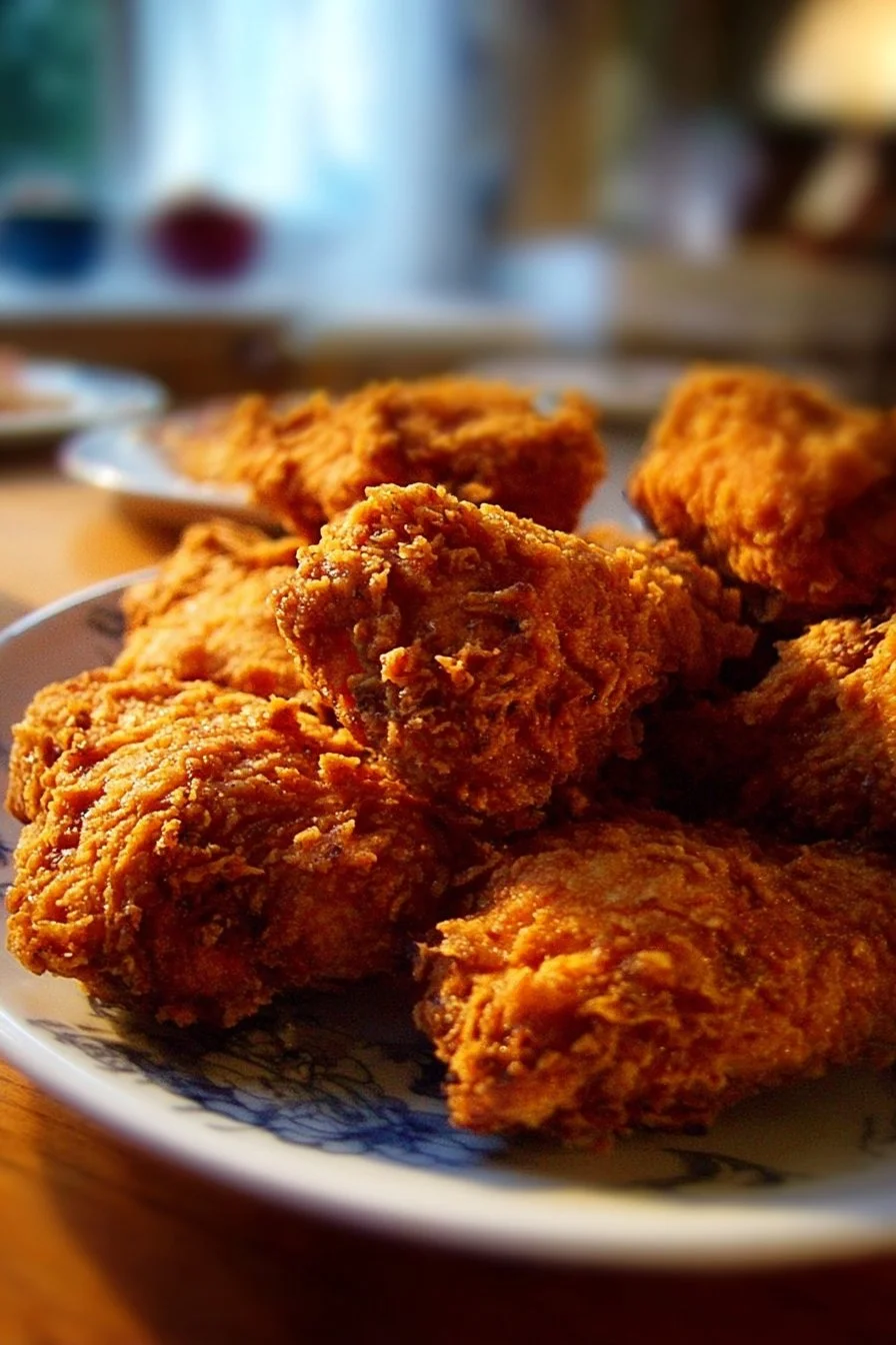 Crispy Southern fried chicken served with sides on a rustic wooden table.