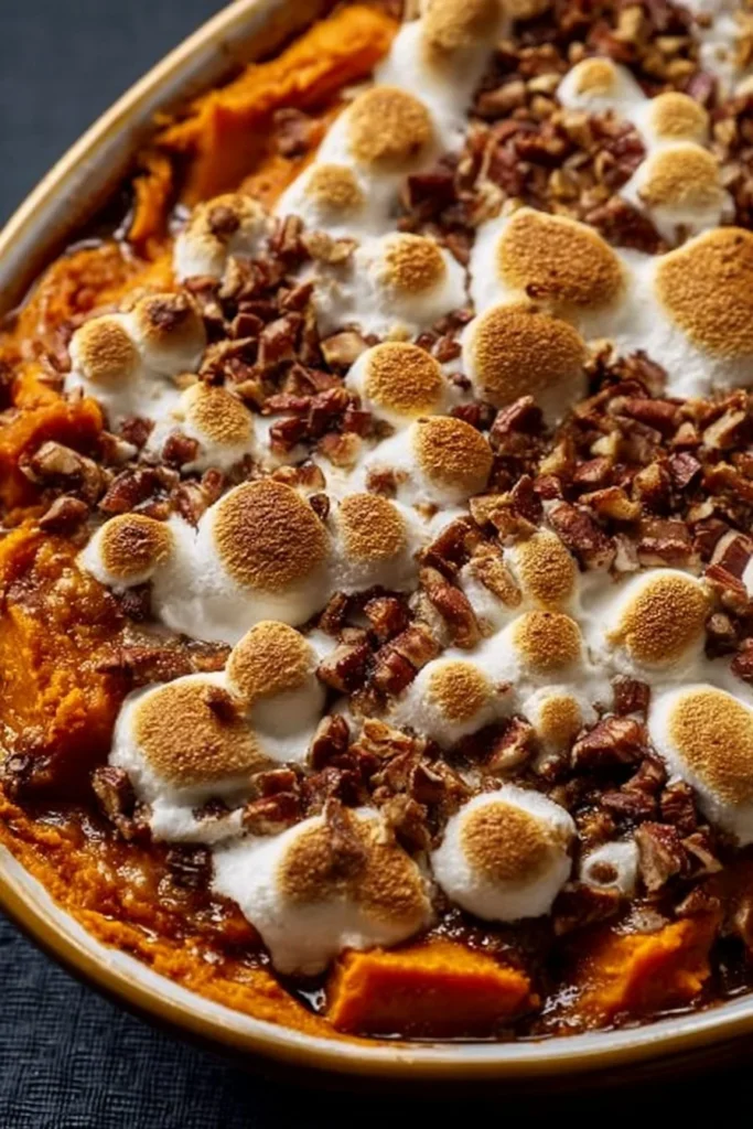 Southern Maple Sweet Potato Casserole topped with pecans and maple syrup