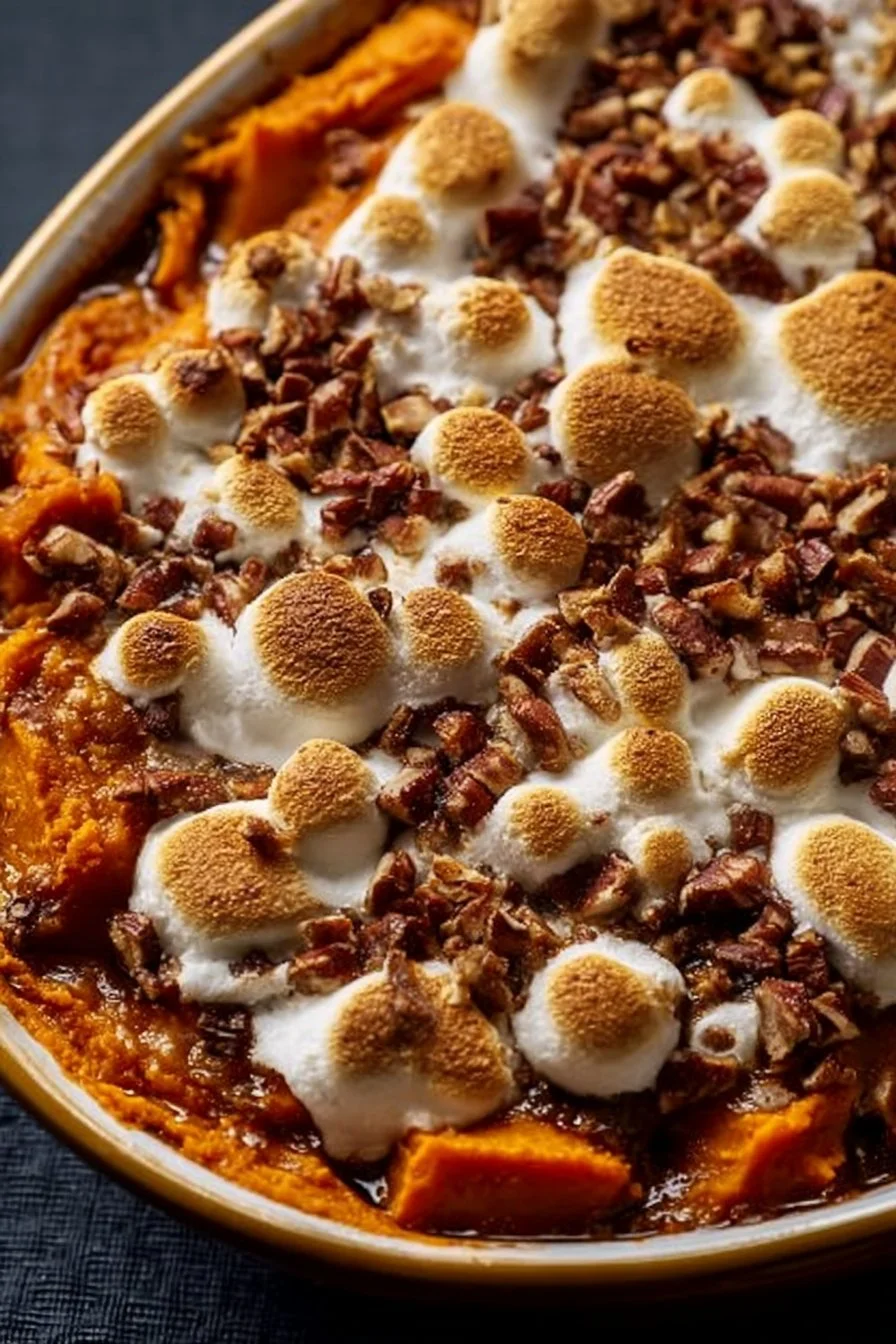 Southern Maple Sweet Potato Casserole topped with pecans and maple syrup