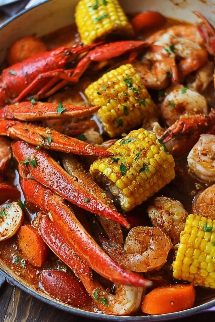 Spicy Cajun seafood boil featuring shrimp, crab, and sausages in a vibrant pot.