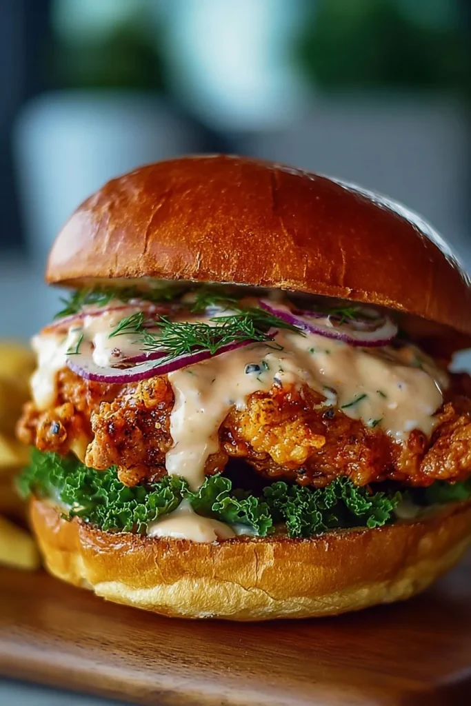 Delicious spicy chicken sandwich with creamy homemade sauce on a wooden platter.