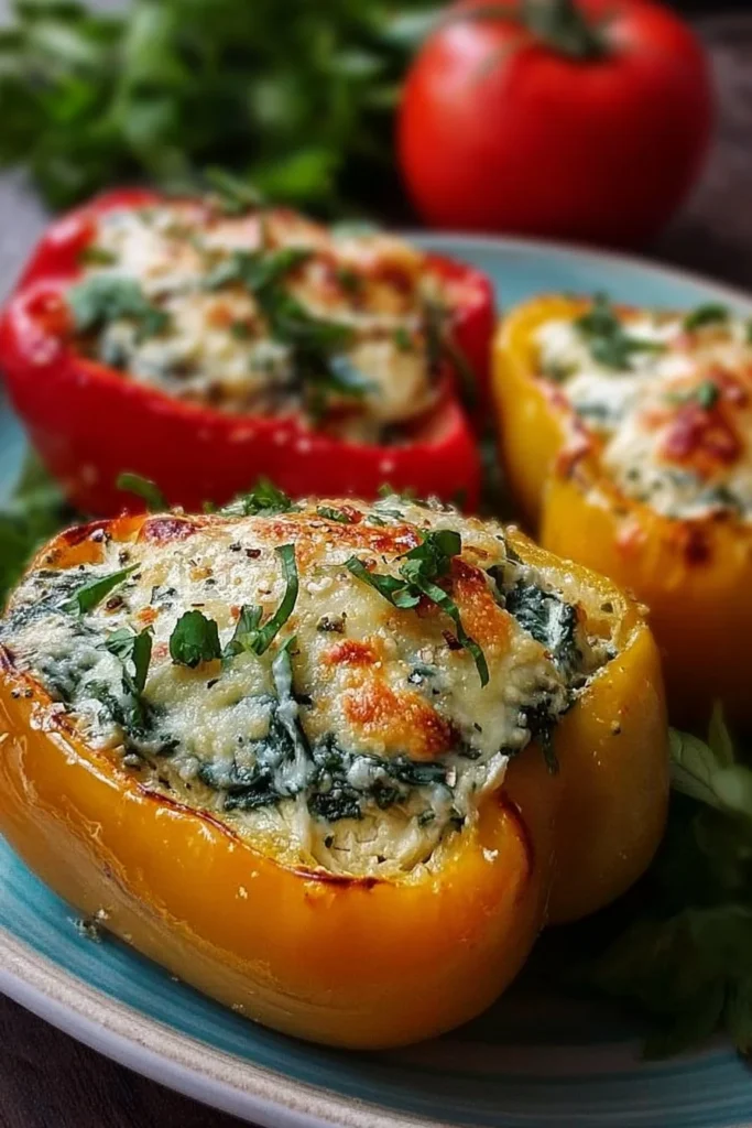 Baked spinach ricotta stuffed peppers with cheese and herbs, a healthy dinner option