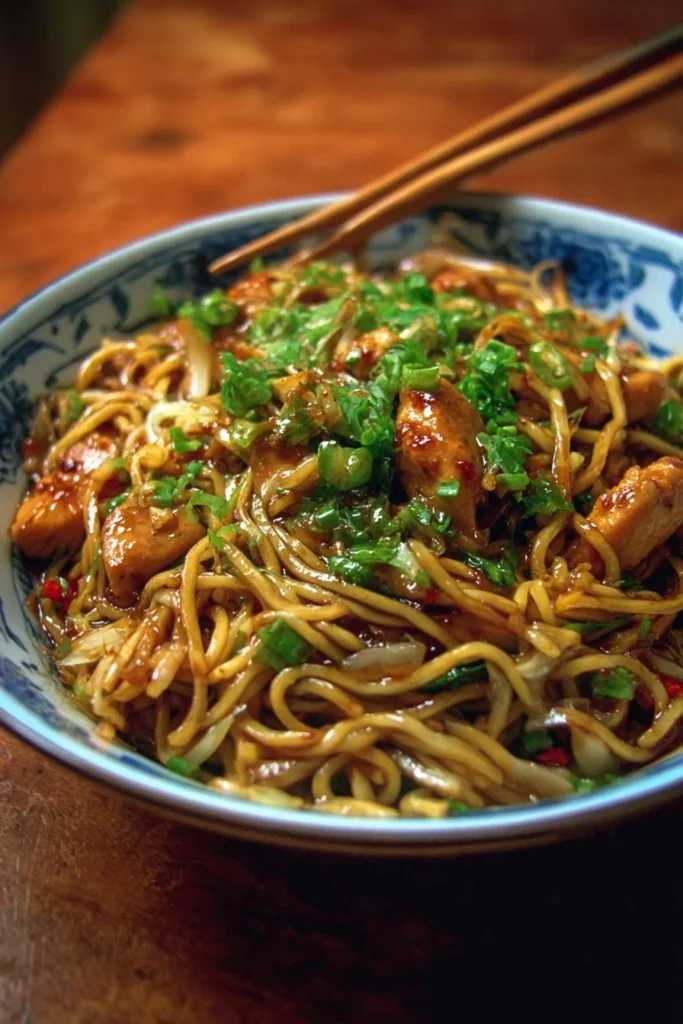 Delicious sticky garlic chicken noodles served in a bowl