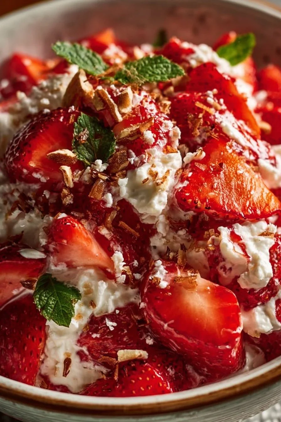 Bowl of Strawberry Crackle Salad with fresh strawberries and crunchy toppings