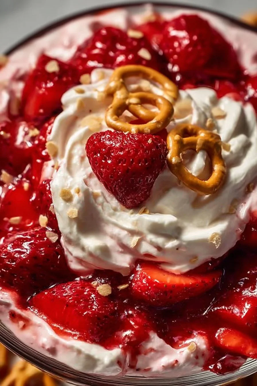 Delicious Strawberry Pretzel Salad Dip in a serving bowl