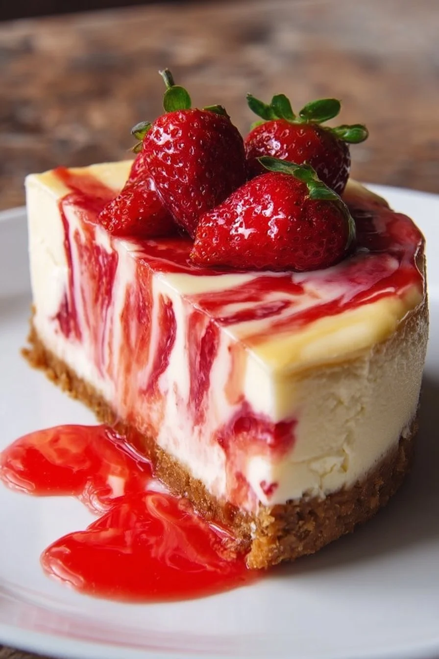 Slice of strawberry swirl cheesecake topped with fresh strawberries