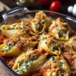 Plate of stuffed jumbo pasta shells with cheese and herbs for a hearty meal