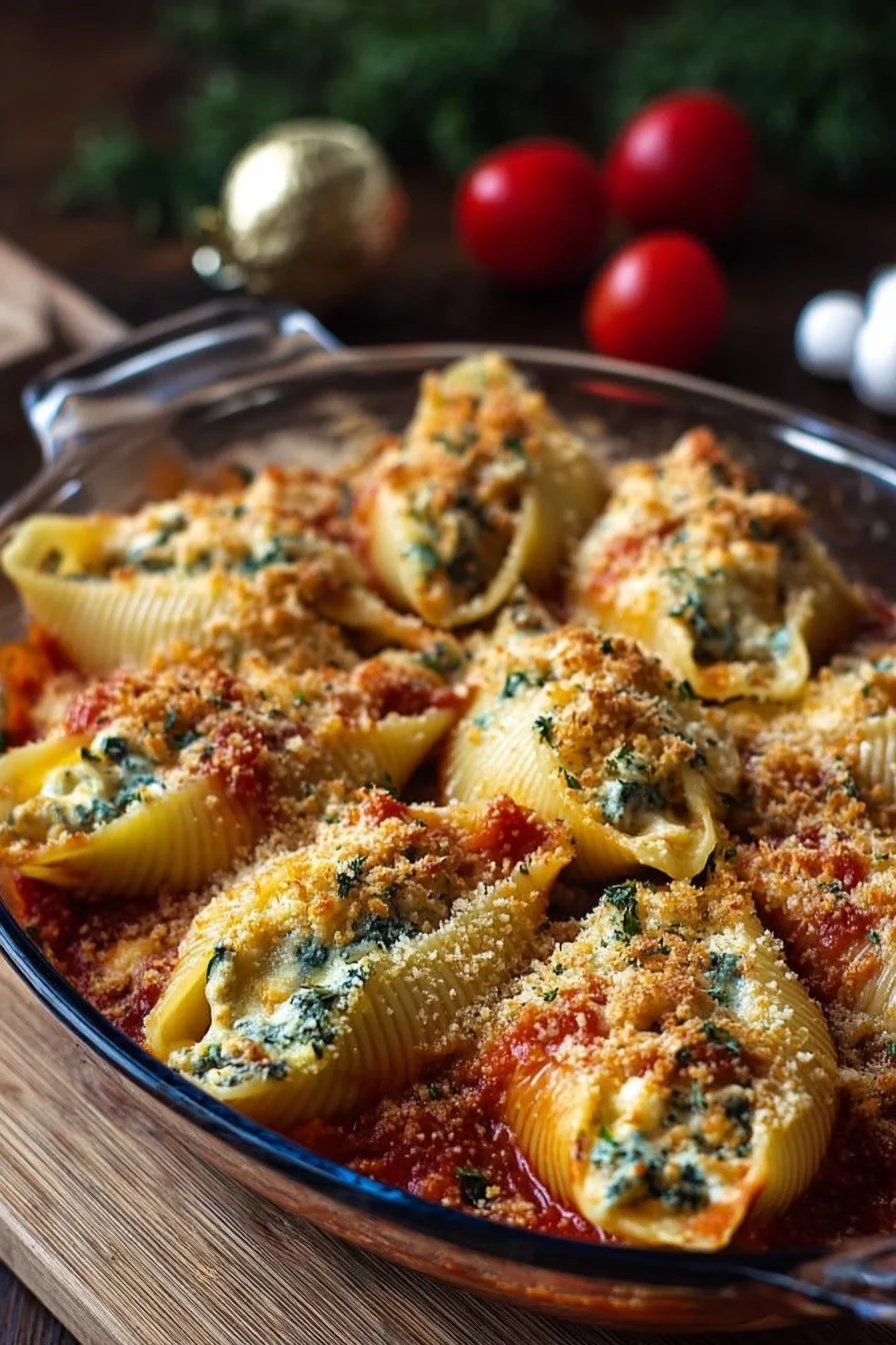 Plate of stuffed jumbo pasta shells with cheese and herbs for a hearty meal