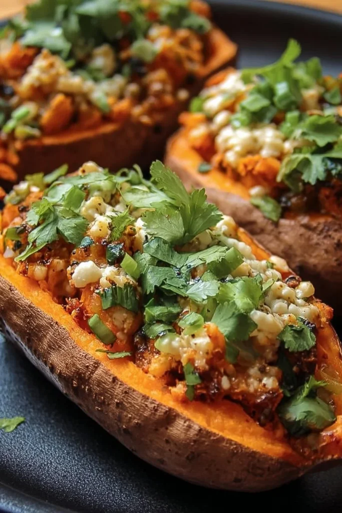 Delicious stuffed sweet potatoes filled with savory ingredients on a plate