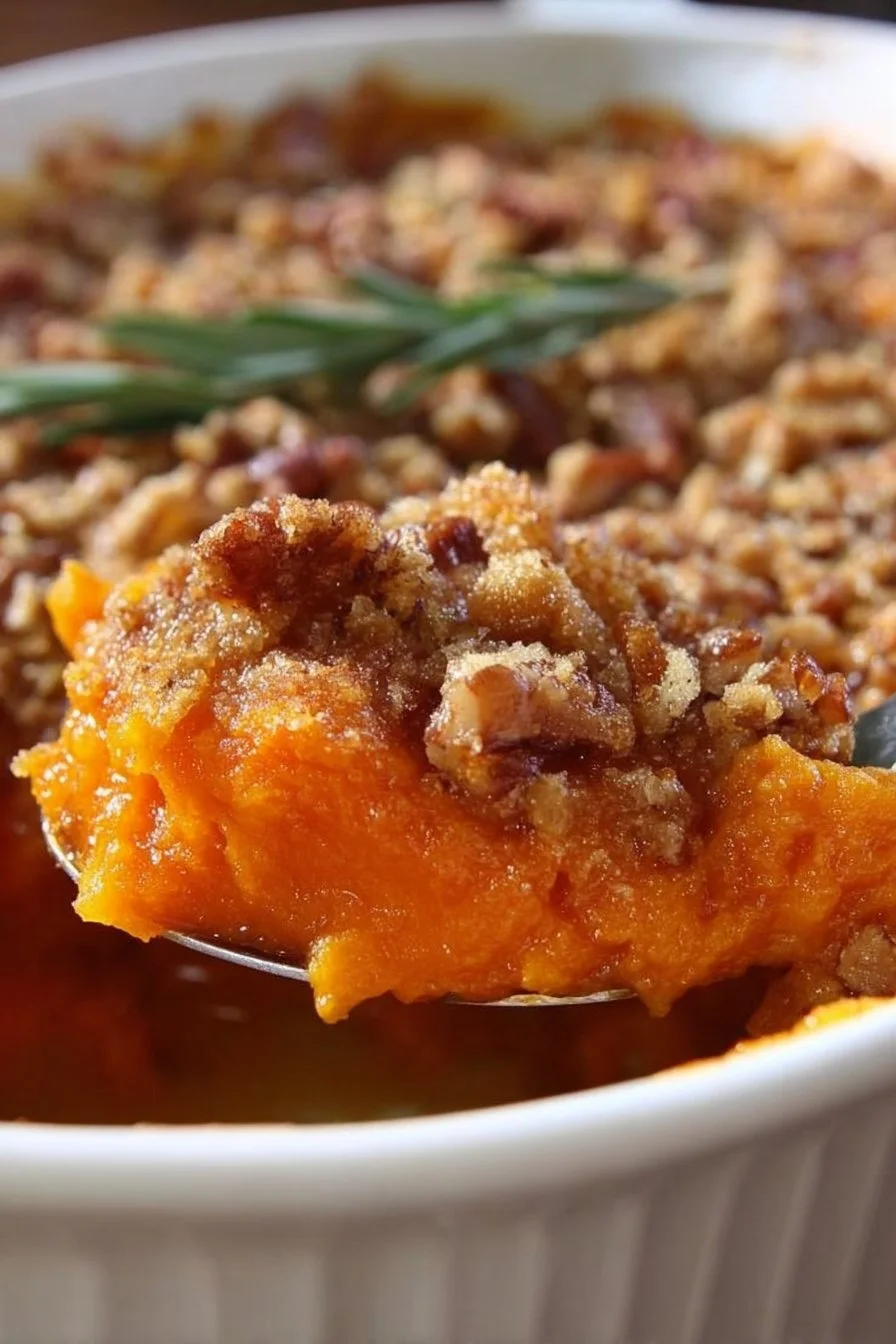 Delicious sweet potato casserole topped with marshmallows and pecans