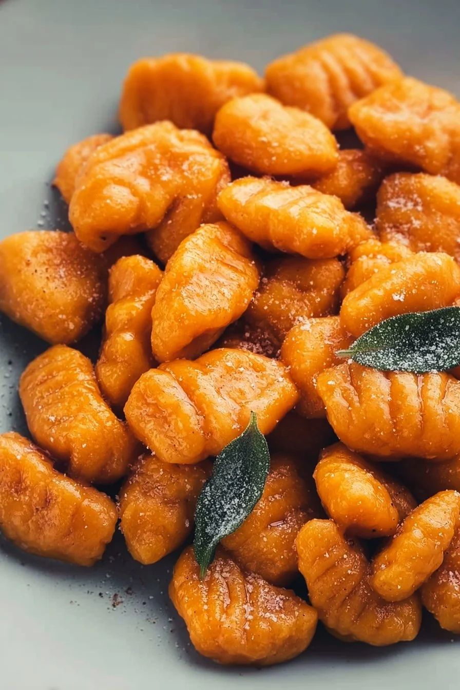 Plate of homemade sweet potato gnocchi with sage butter sauce