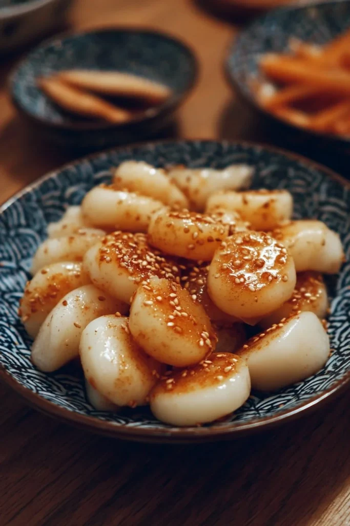 Delicious Sweet Soy Butter Korean Rice Cakes on a plate.