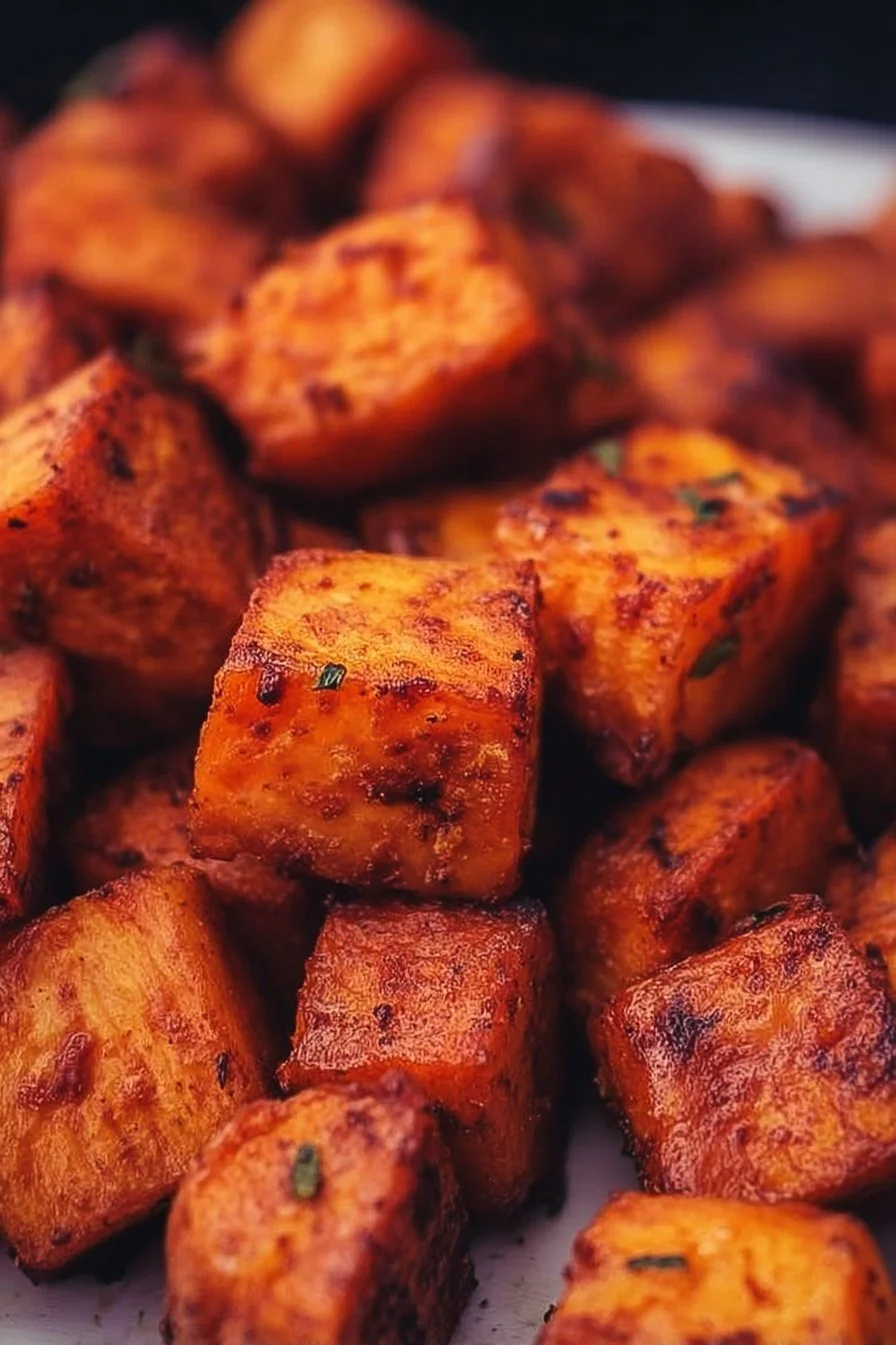 Tasty roasted sweet potato cubes ready to be served as a healthy side dish