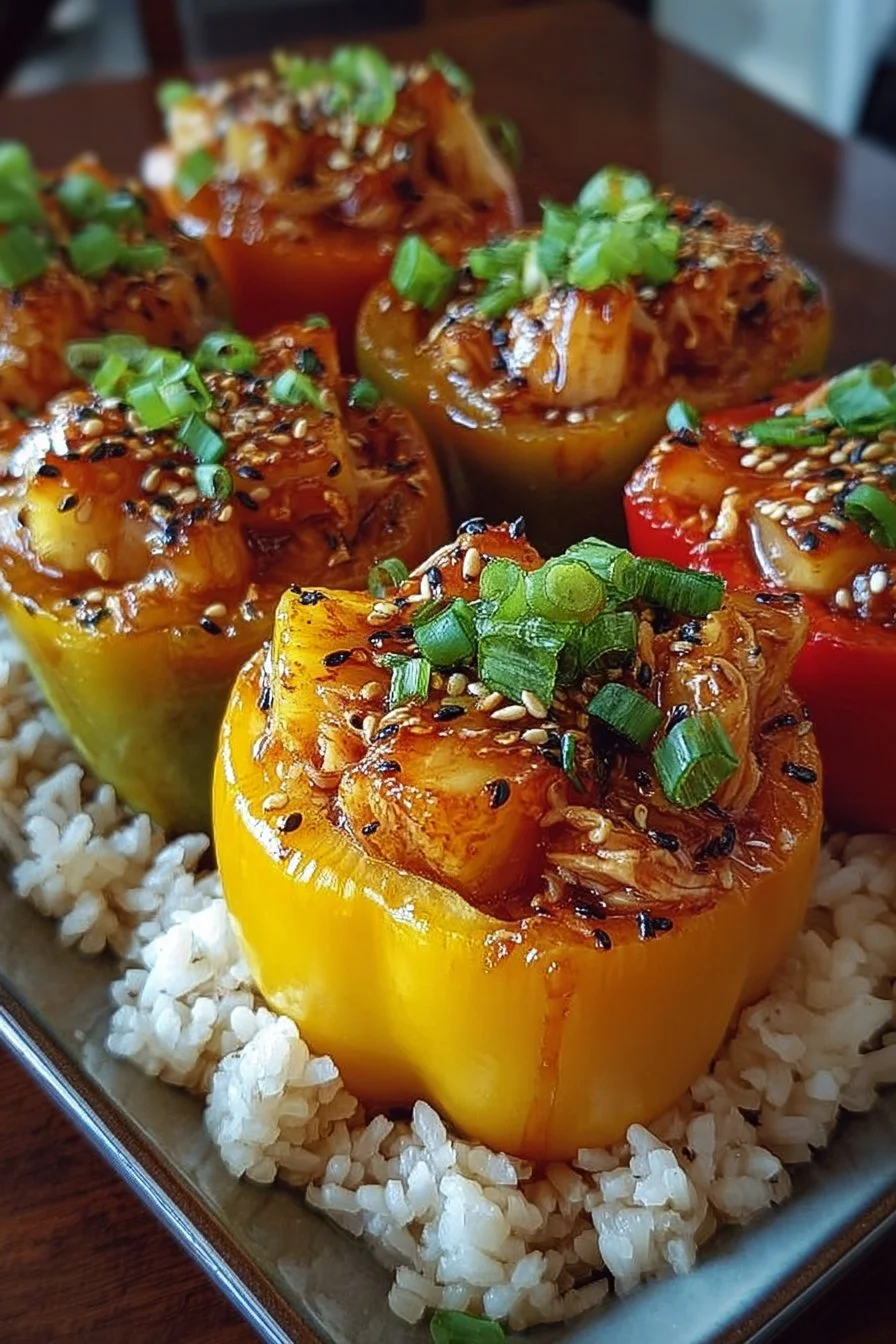 Delicious teriyaki chicken stuffed peppers with pineapple and rice.