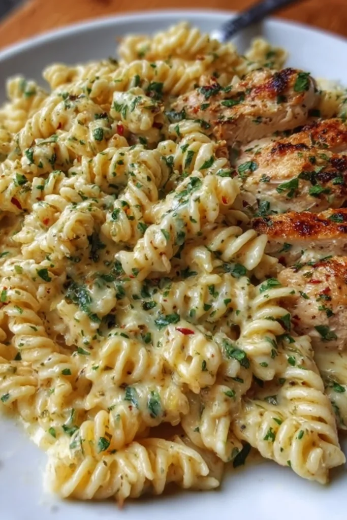 Creamy garlic parmesan chicken pasta topped with parsley in a bowl