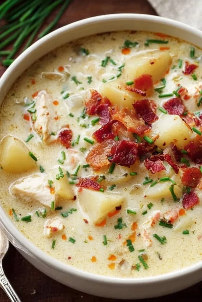 Creamy chicken potato soup garnished with crispy bacon and chives in a bowl