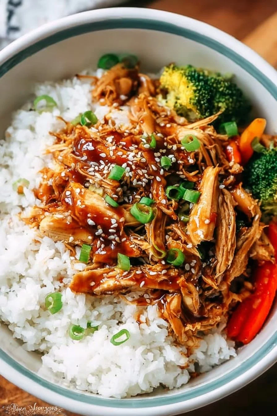 Crockpot Teriyaki Chicken served with rice and vegetables