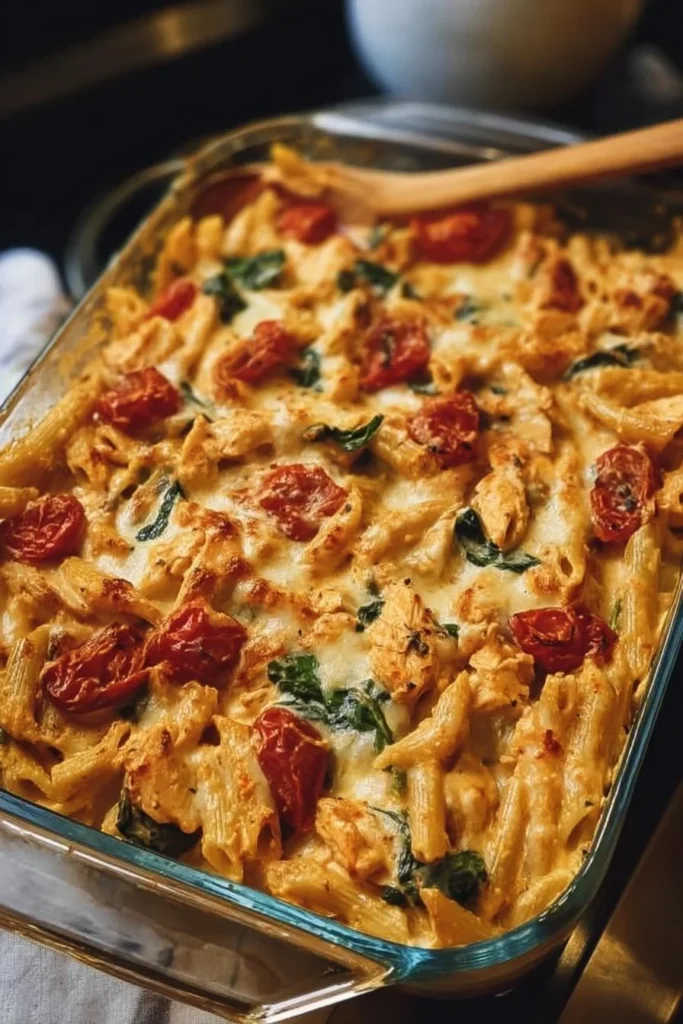Delicious Tuscan Chicken Pasta Bake with creamy sauce and fresh ingredients