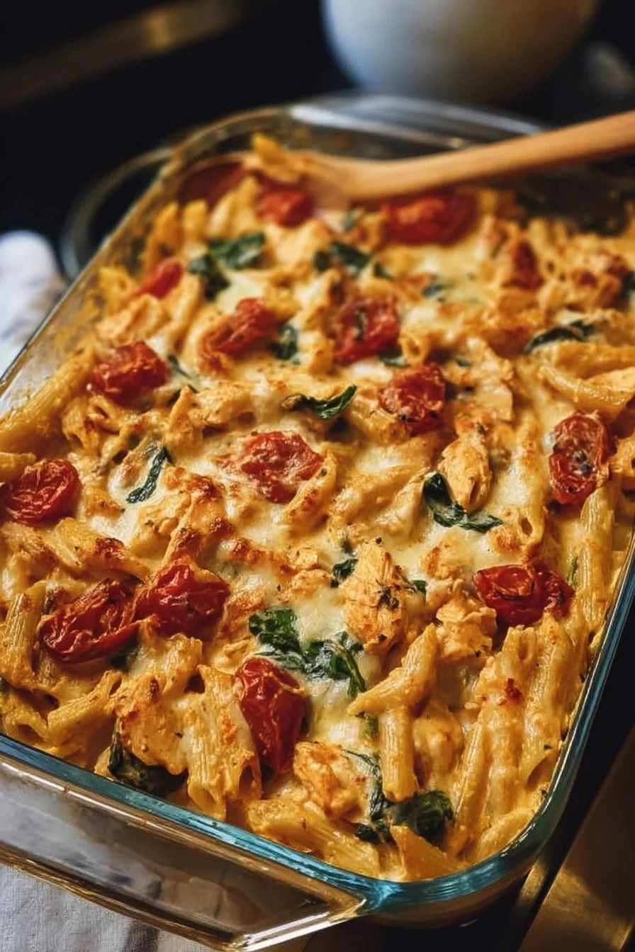 Delicious Tuscan Chicken Pasta Bake with creamy sauce and fresh ingredients
