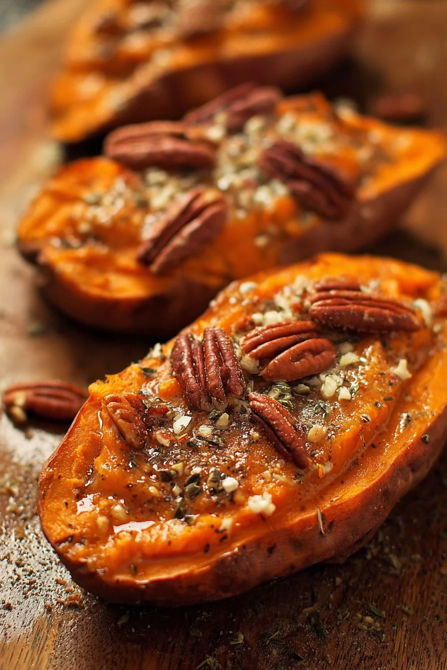 Twice baked sweet potatoes topped with cheese and herbs