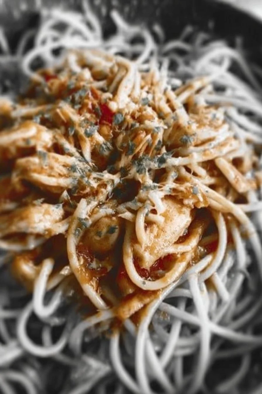 Delicious bowl of Ultimate Chicken Spaghetti with chicken, pasta, and sauce