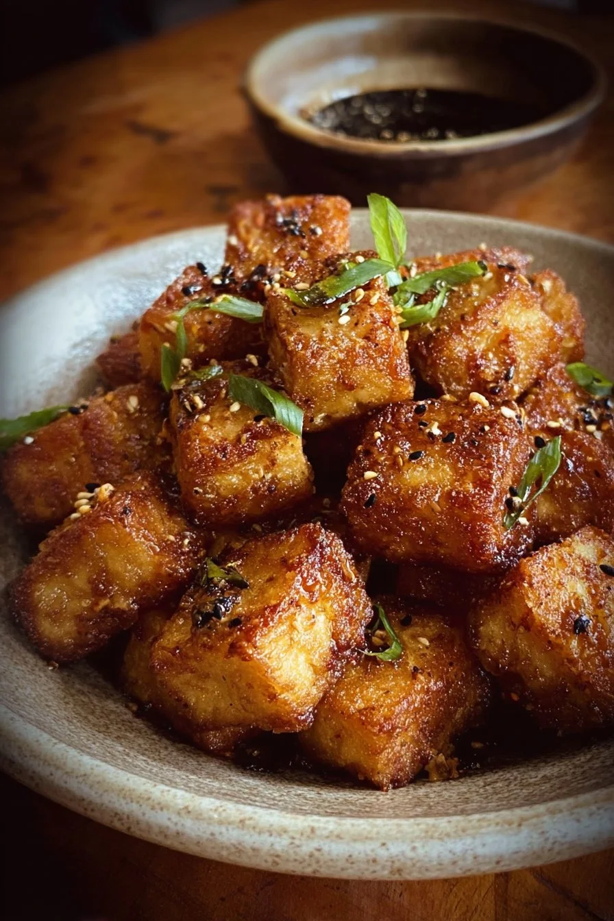 Ultimate crispy pan-fried tofu served on a plate with herbs