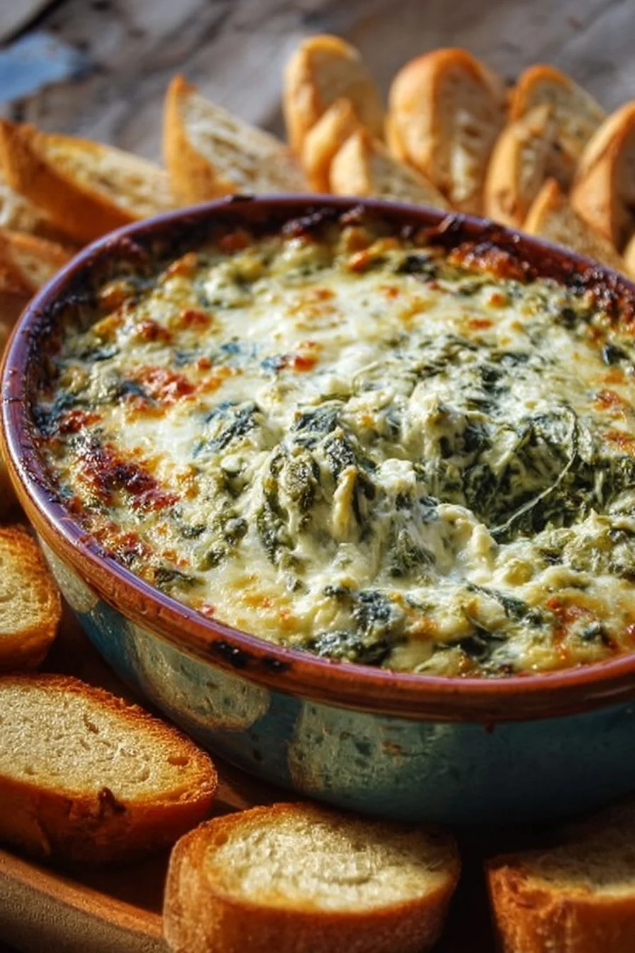 Ultra creamy hot spinach artichoke dip served in a bowl with tortilla chips