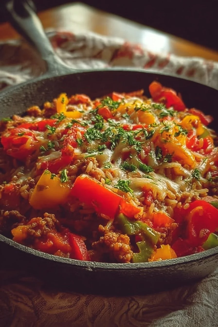 Delicious unstuffed pepper skillet dish in a vibrant cast iron pan.