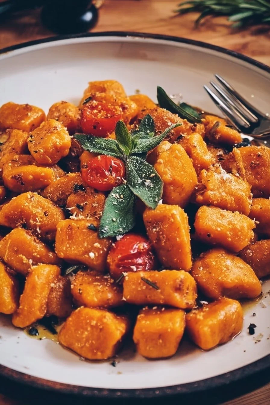 Vegan sweet potato gnocchi served with fresh herbs and vegetables.