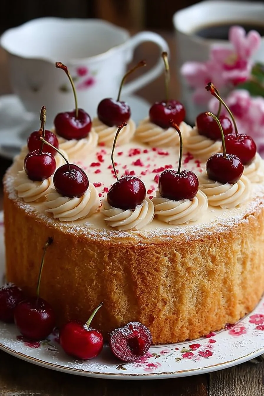 Slice of Vintage Maraschino Cherry Cake topped with cherries and cream