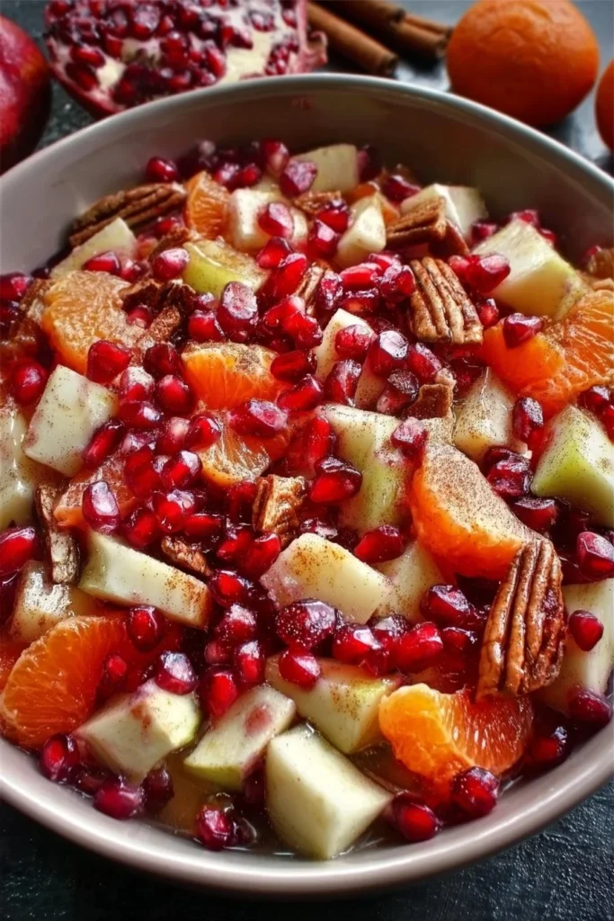 Delicious Winter Fruit Salad topped with Cinnamon Vanilla Dressing served in a bowl