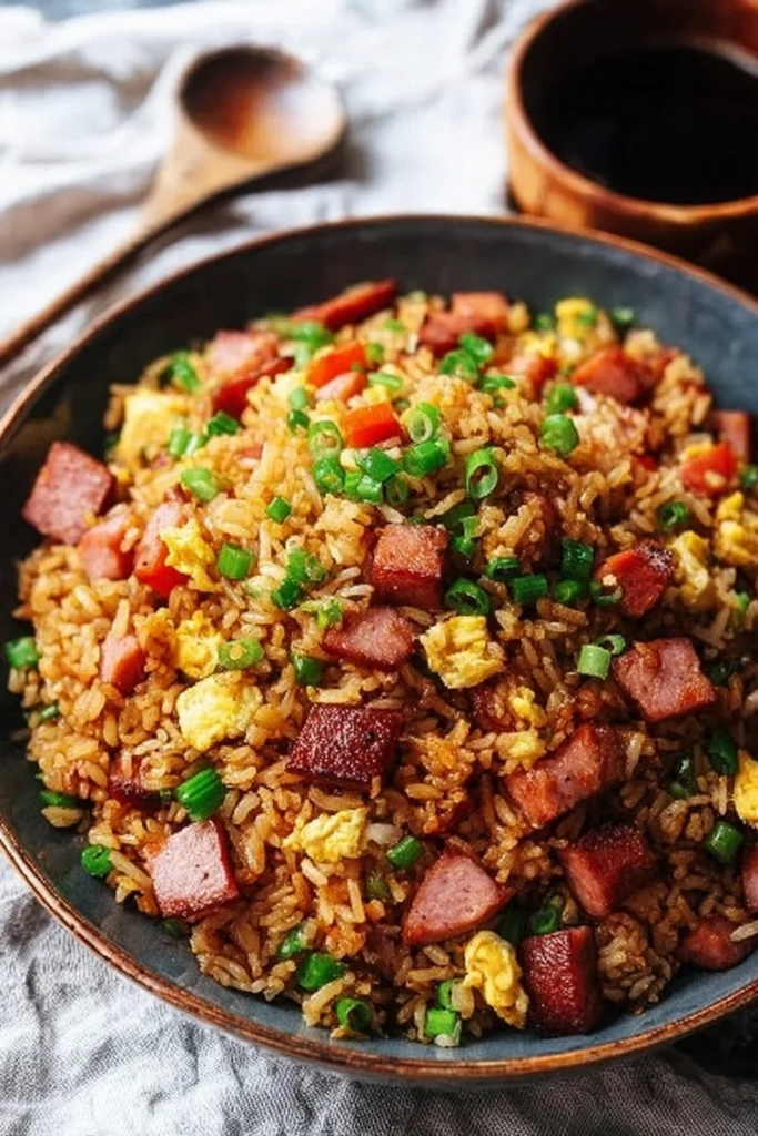Delicious plate of 30-minute Spam Fried Rice with vegetables and eggs