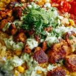 30-Minute Street Corn Chicken Rice Bowl with vibrant toppings