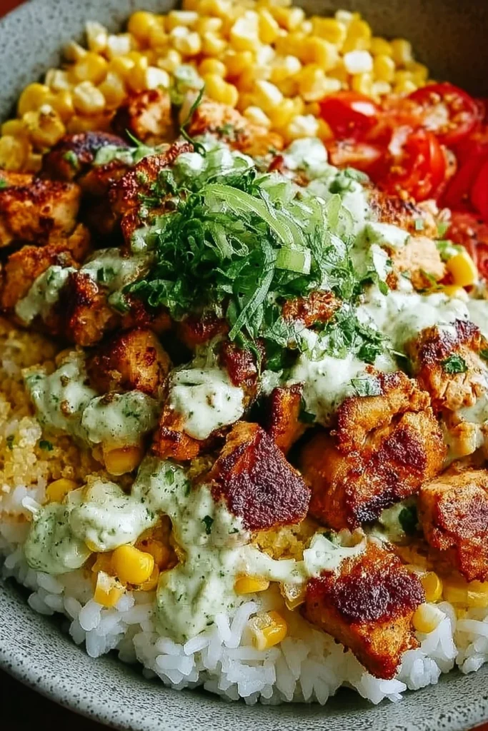 30-Minute Street Corn Chicken Rice Bowl with vibrant toppings