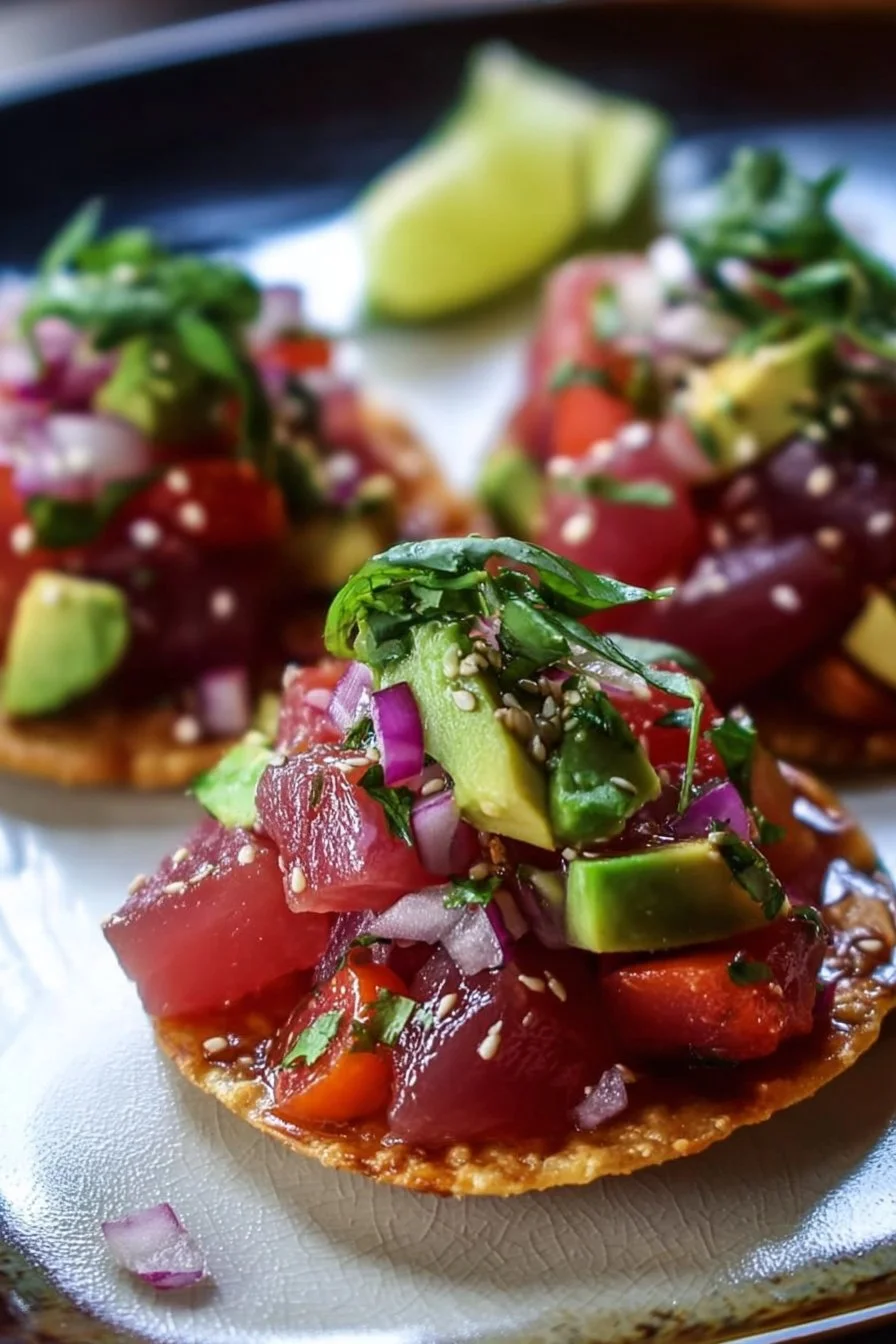 Delicious ahi tuna tostadas topped with fresh ingredients and served on crispy corn tortillas.
