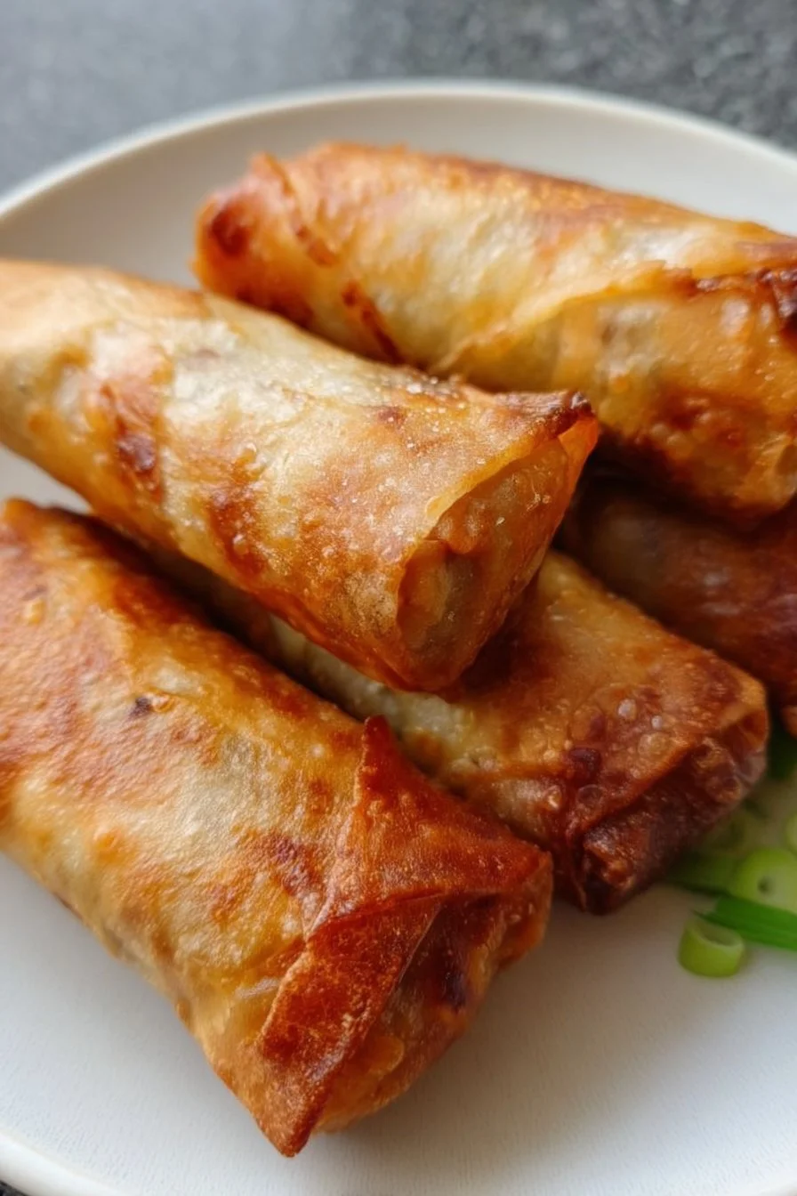 Crispy air fryer spring rolls served with dipping sauce on a platter